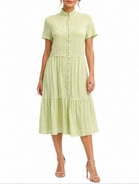Rag & Bone Libby Midi Dress S Tiered Seam Crinkle Short Sleeve Green Flowy Boho